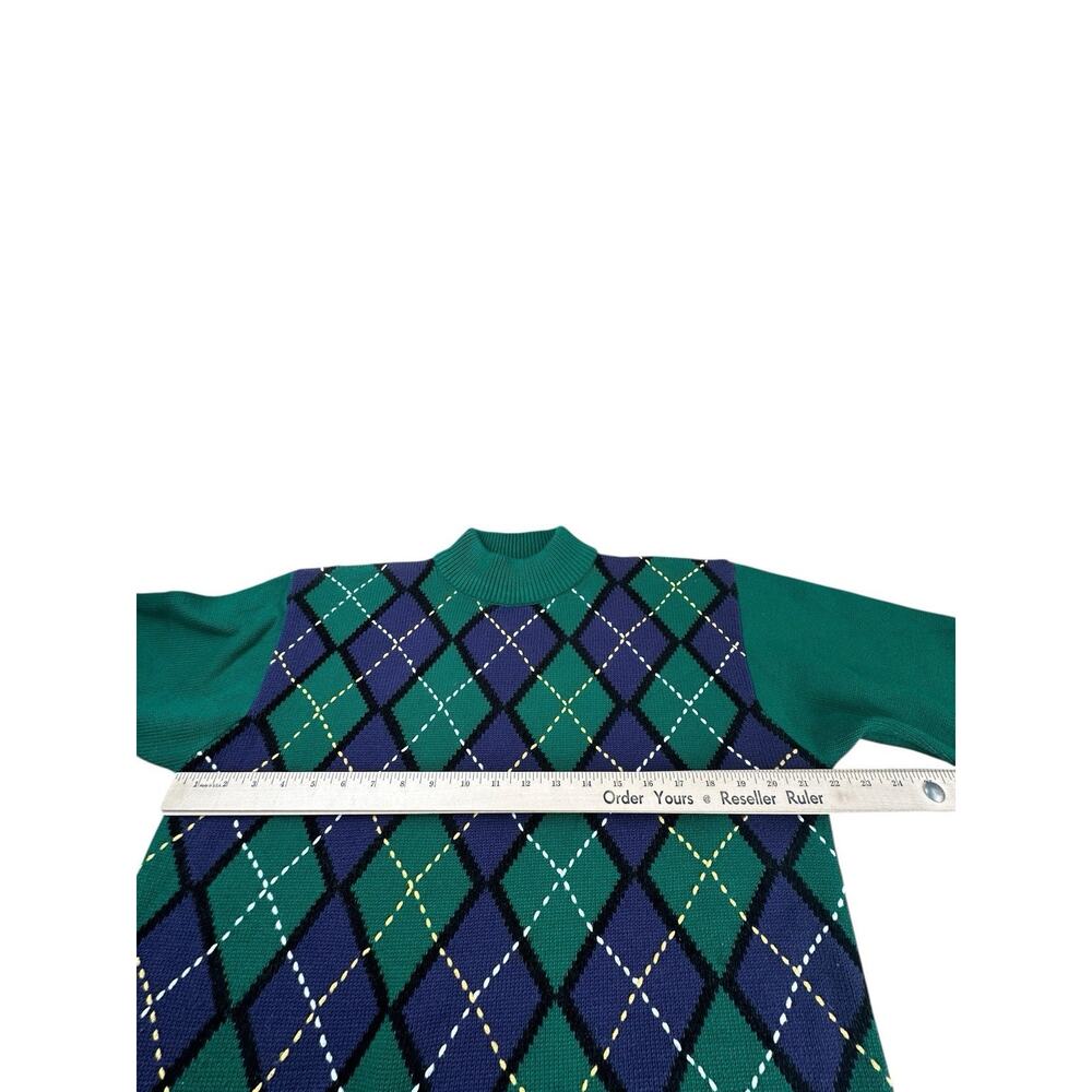 Marisa Christina Vintage Argyle Knit Sweater Green Navy Gold Long Tunic 90s L - Picture 3 of 12